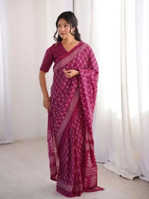 Magenta Bagru Hand-Block Cotton Saree