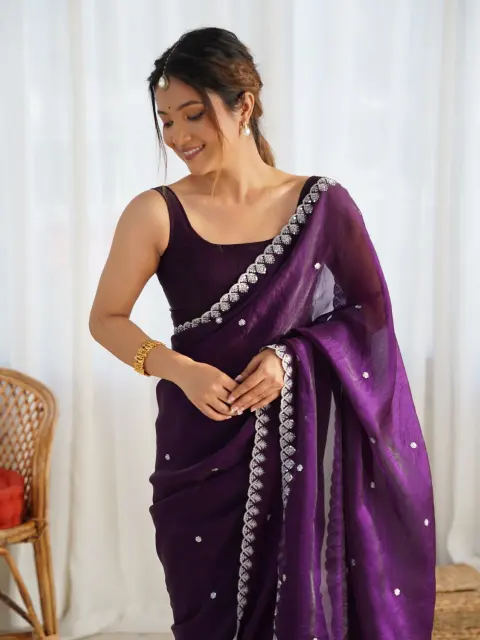 Purple Satin Saree with Sequin Butti