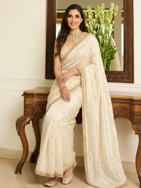 Cream Georgette Saree with Sequin Butti