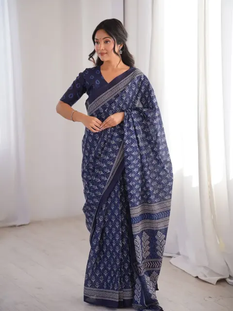 Indigo Bagru Hand-Block Cotton Saree