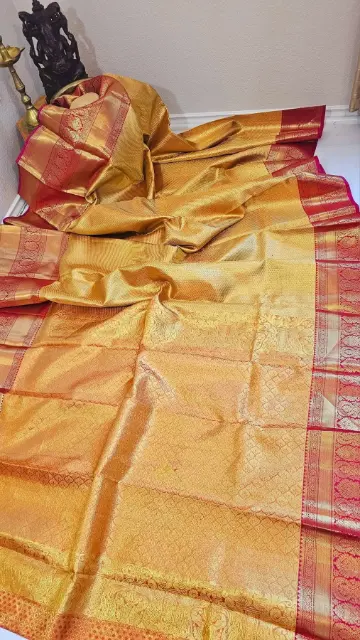Gold Bridal Kanchipuram Silk Saree with Magenta Zari Border