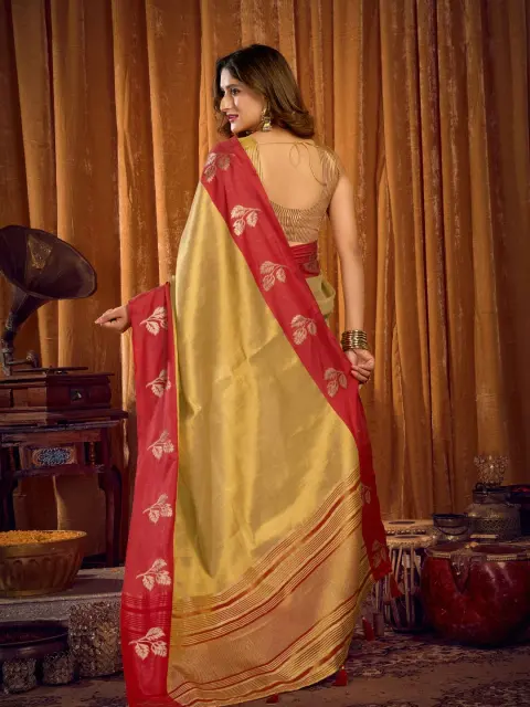 Light Gold Tissue Saree with Red Border