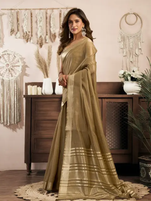 Khaki Khadi Cotton Saree with Zari Border