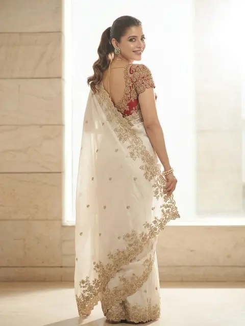 Ivory Embroidered Party Saree