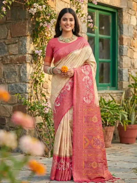 Cream Pochampalli Silk Saree