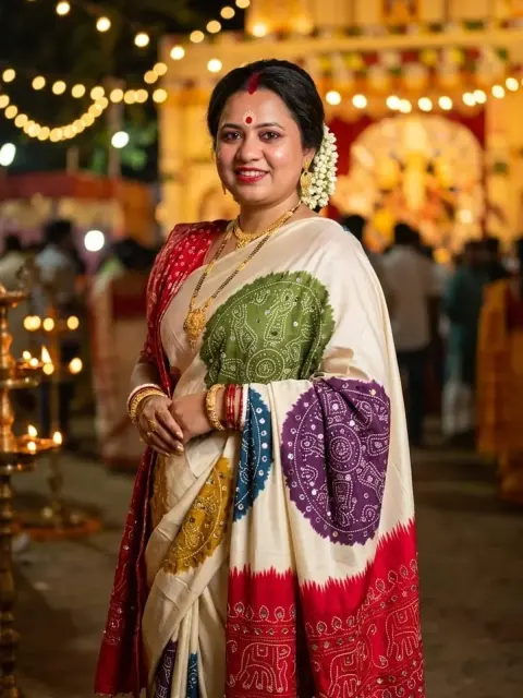 Ivory Multicolor Folk Art Saree