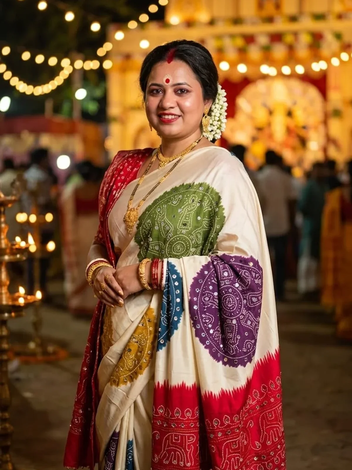 Ivory Multicolor Folk Art Saree