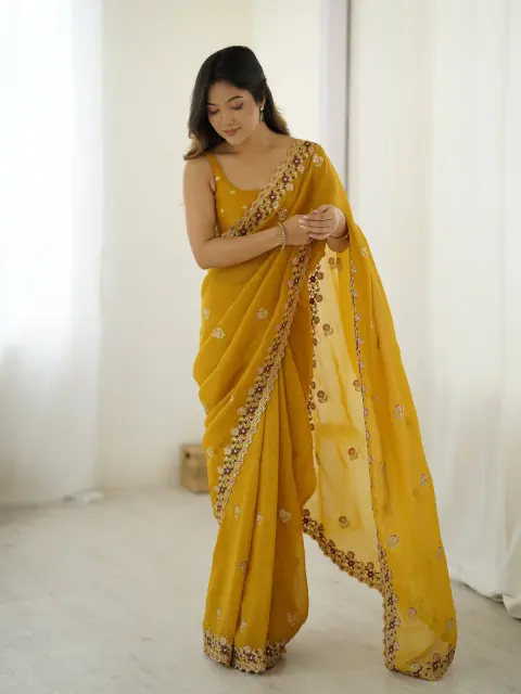 Mustard Chiffon Saree with Sequin Work