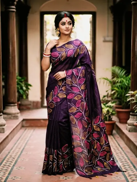 Deep Purple Leaf Motif Saree