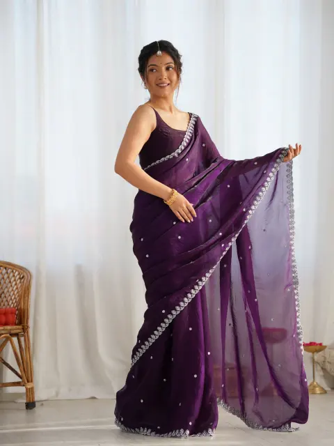 Purple Satin Saree with Sequin Butti