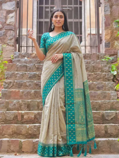 Beige Cotton Saree with Rama Green Border