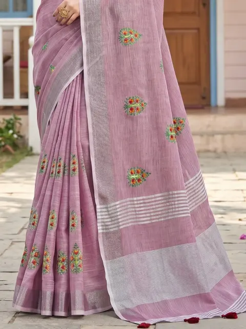 Light Purple Linen Saree with Embroidery