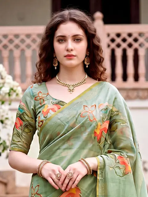 Sage Green Cotton Print Saree