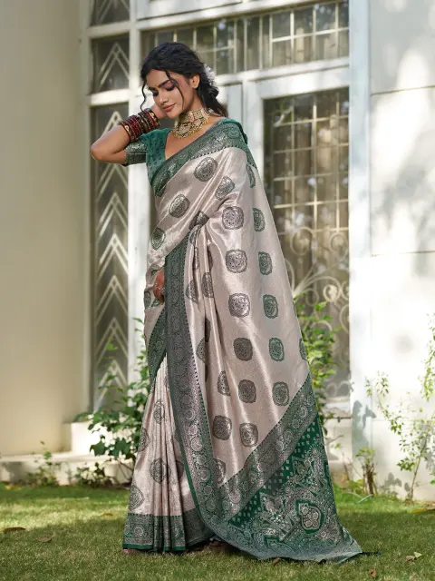 Cream Silk Blend Saree with Dark Green Border
