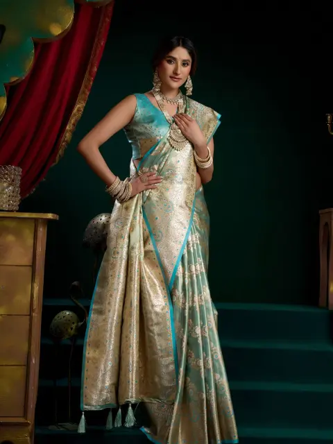 Mint Green Satin Silk Saree with Gold Zari