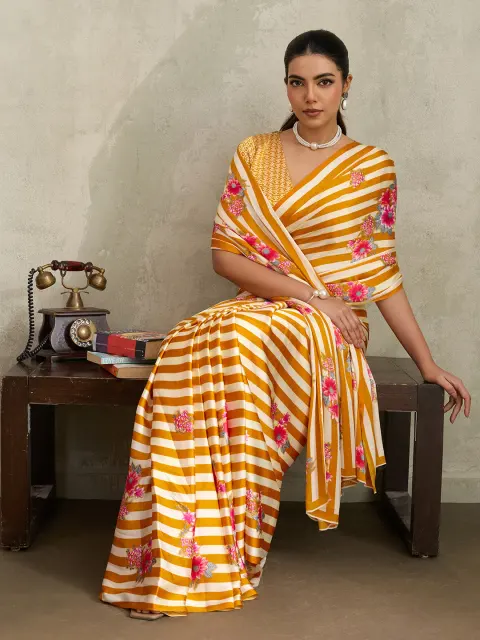 Yellow Striped Satin Saree with Floral Print