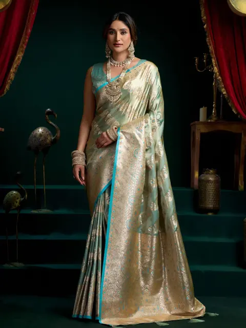 Mint Green Satin Silk Saree with Gold Zari