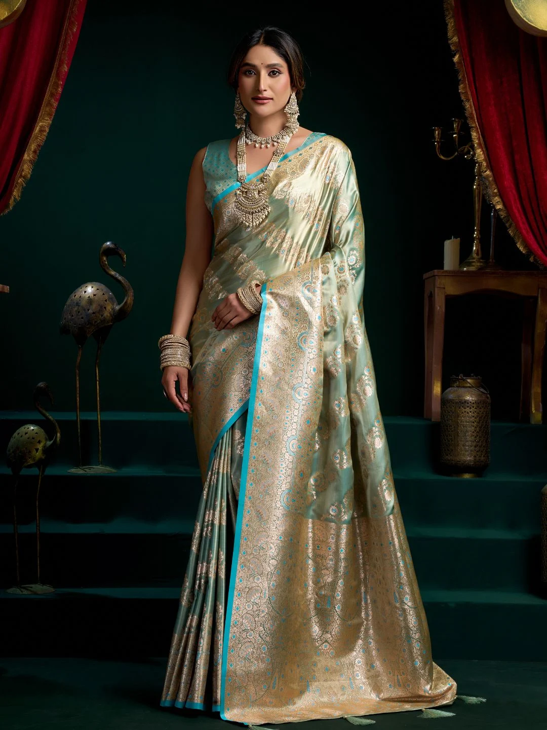 Mint Green Satin Silk Saree with Gold Zari