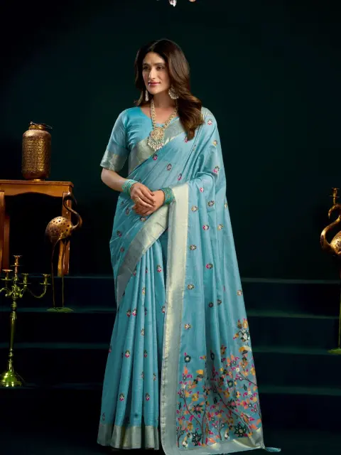Sky Blue Munga Cotton Saree with Mina Work