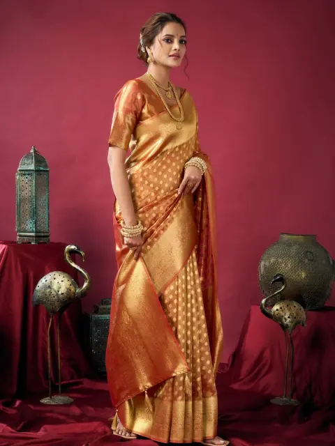 Golden Orange Tissue Silk Saree