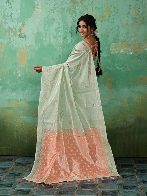 Pastel Green Linen Cotton Saree with Peach Pallu
