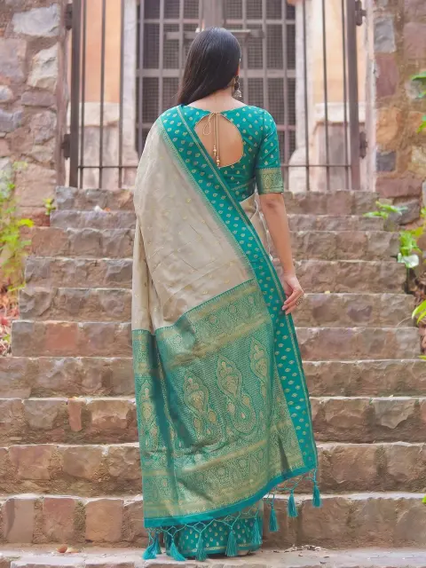 Beige Cotton Saree with Rama Green Border