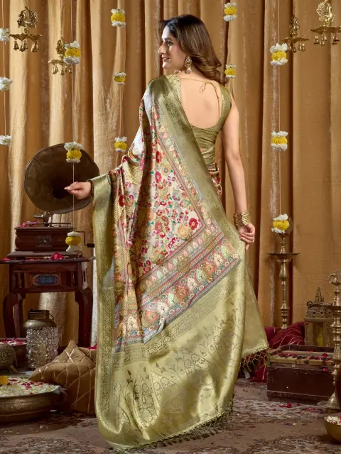 Pista Green Cluster Print Saree with Banarasi Border