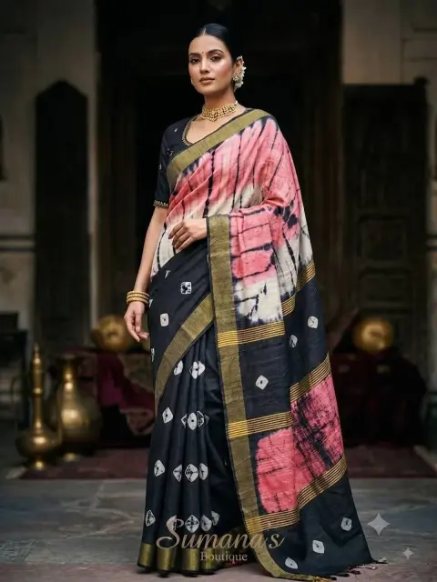 Black Pink Patchwork Saree