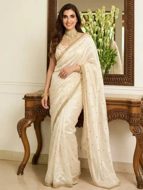 Cream Georgette Saree with Sequin Butti
