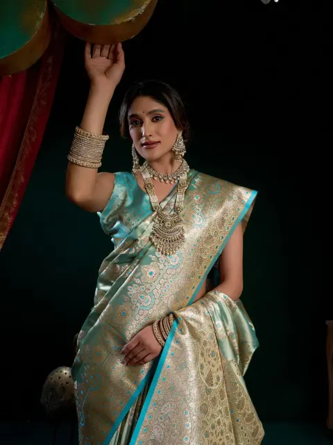 Mint Green Satin Silk Saree with Gold Zari