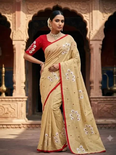 Beige Red Floral Appliqué Saree