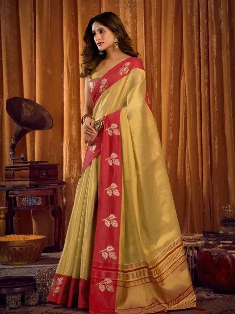 Light Gold Tissue Saree with Red Border