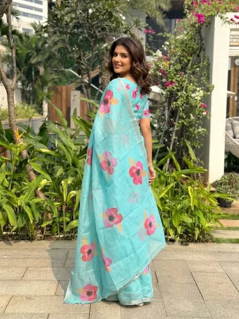 Sky Blue Cotton Linen Floral Saree