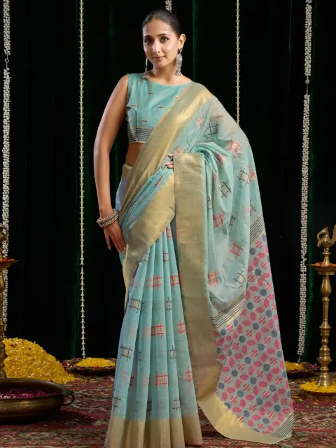 Sky Blue Spun Cotton Saree