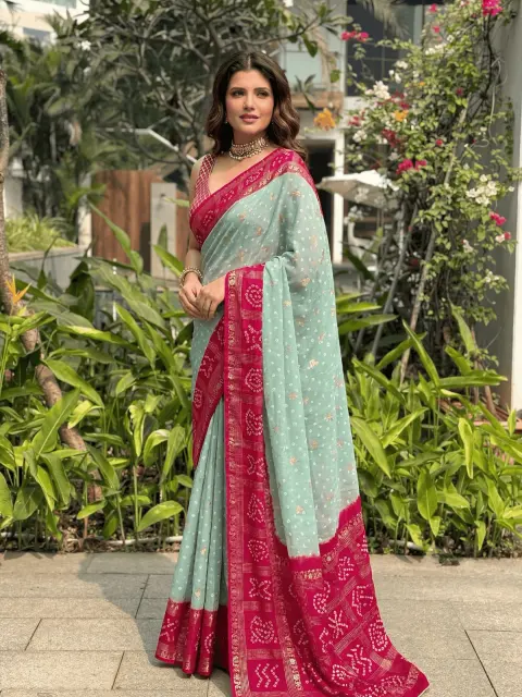 Mint Green Bandhani Georgette Saree