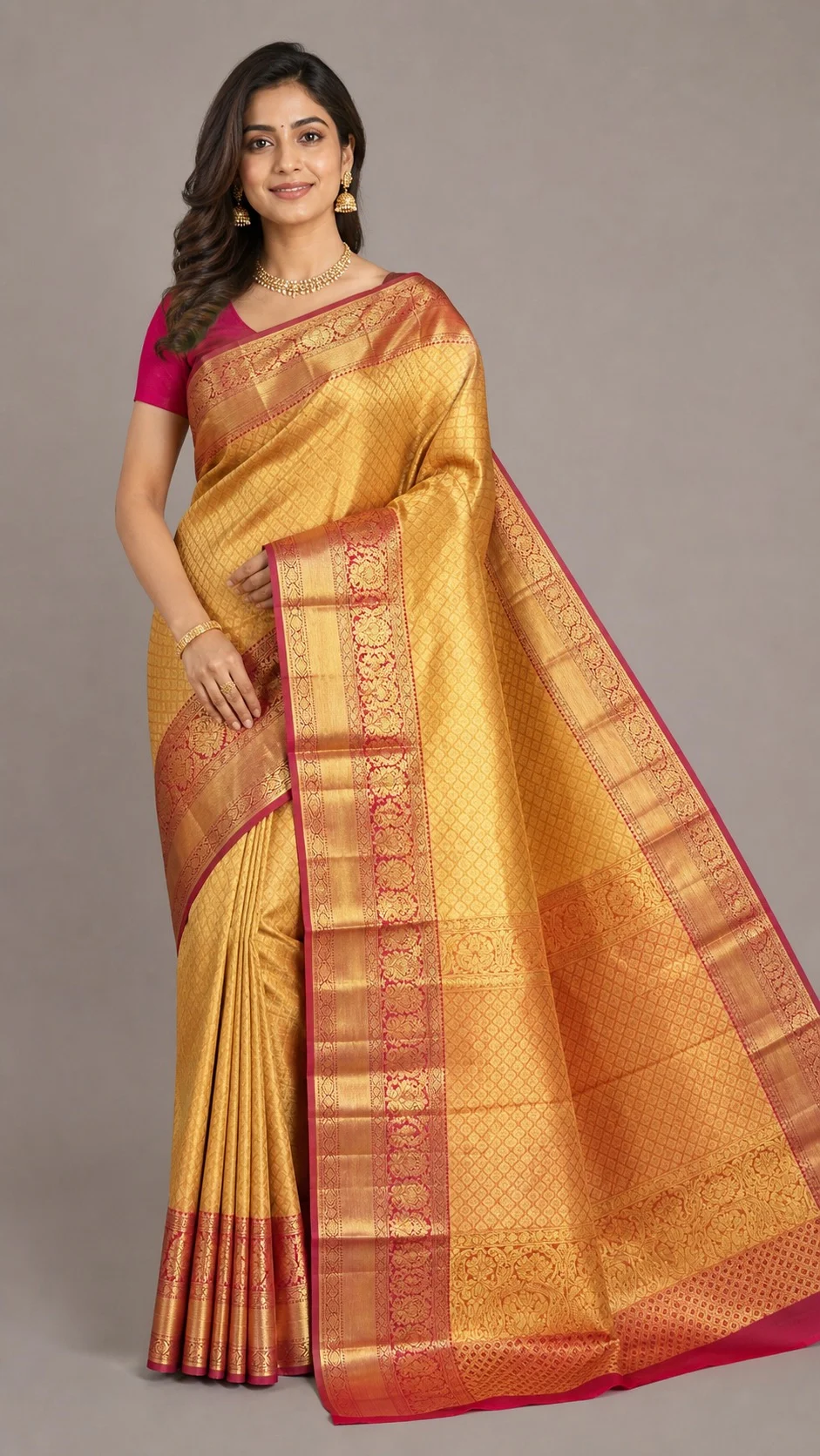 Gold Bridal Kanchipuram Silk Saree with Magenta Zari Border