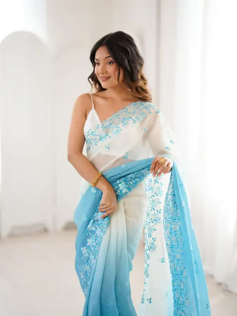 Blue Ombre Sequin Embroidered Saree