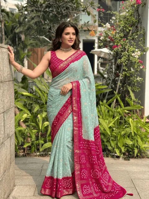Mint Green Bandhani Georgette Saree