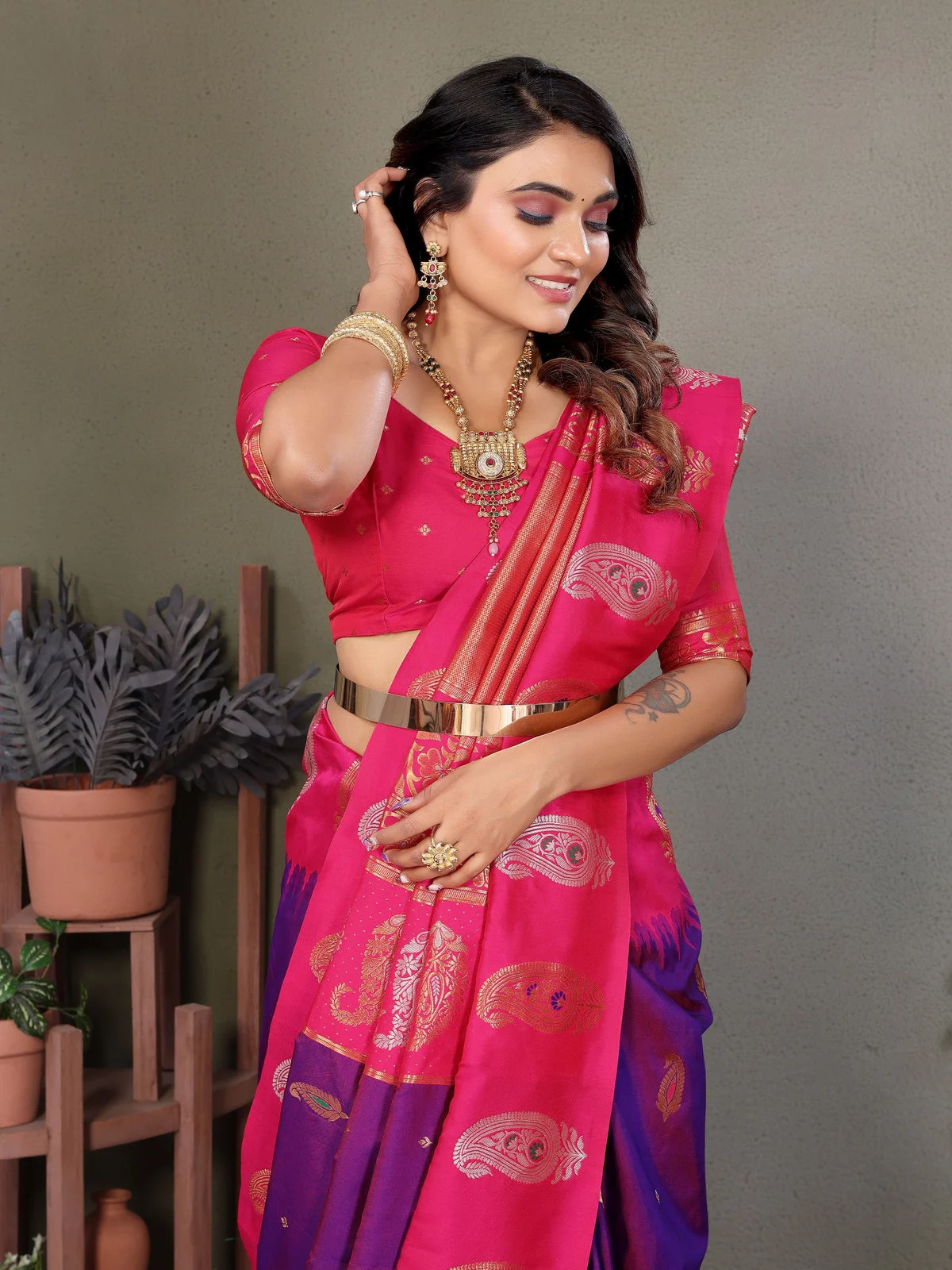 Pink Banarasi Soft Silk Saree with Purple Border