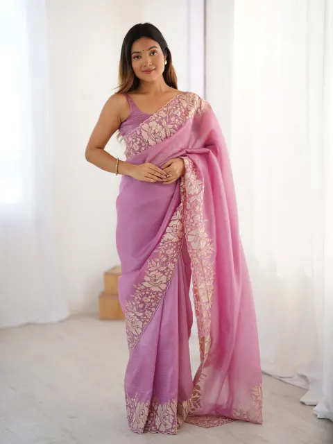 Orchid Pink Saree with Gold Embroidery