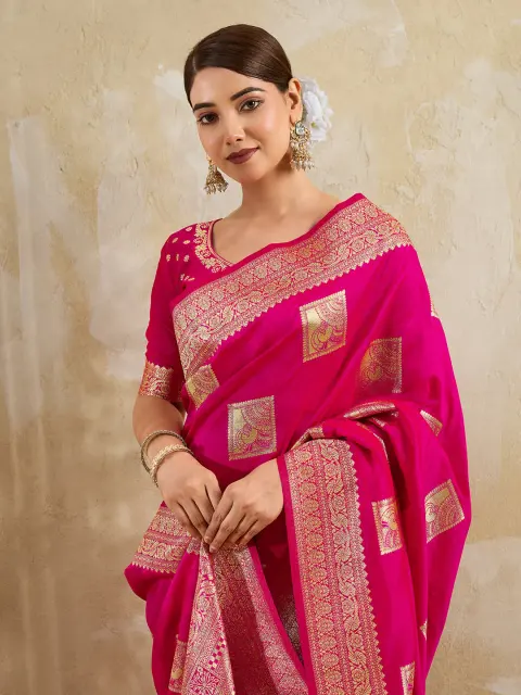 Rani Pink Silk Blend Saree with Zari Butti