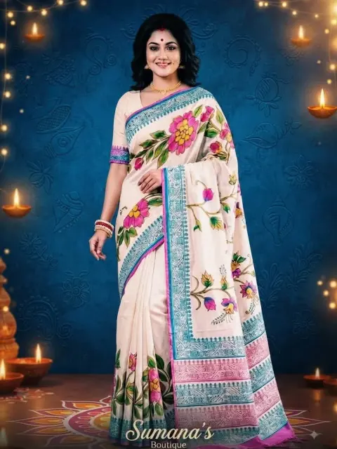 Ivory Blue Floral Panel Saree