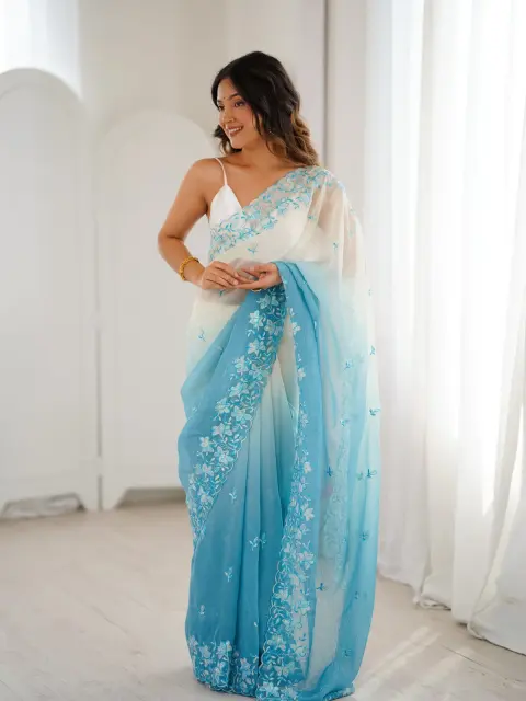 Blue Ombre Sequin Embroidered Saree