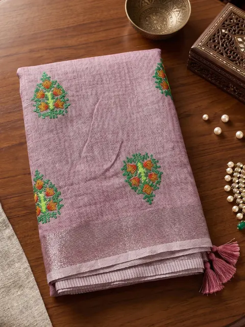 Light Purple Linen Saree with Embroidery