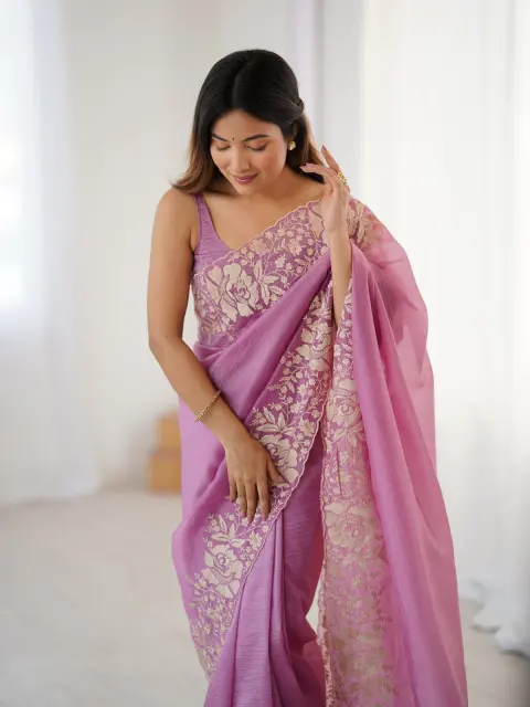 Orchid Pink Saree with Gold Embroidery