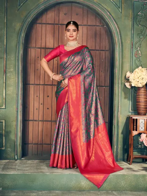 Grey Banarasi Silk Saree with Pink Pallu