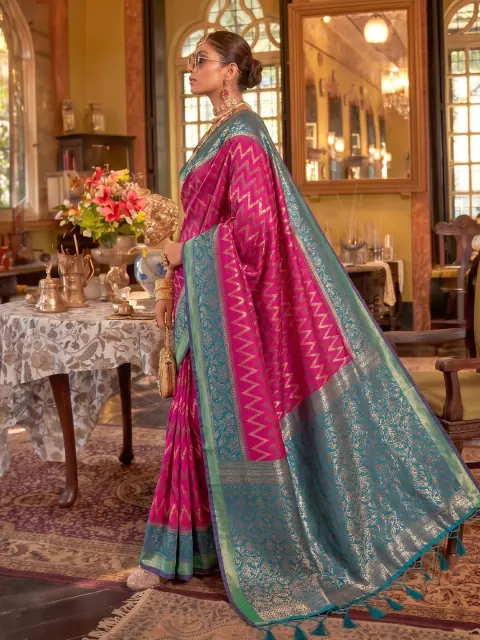 Rani Pink Silk Saree with Teal Border