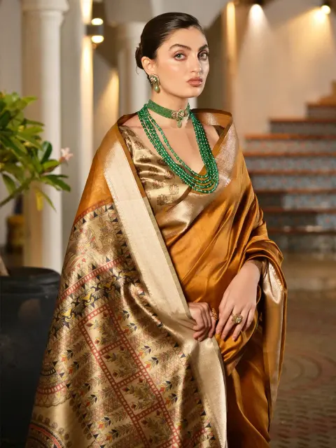 Mustard Tussar Silk Saree with Printed Pallu