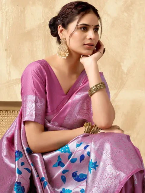 Pink Banarasi Silk Saree with Peacock Pallu
