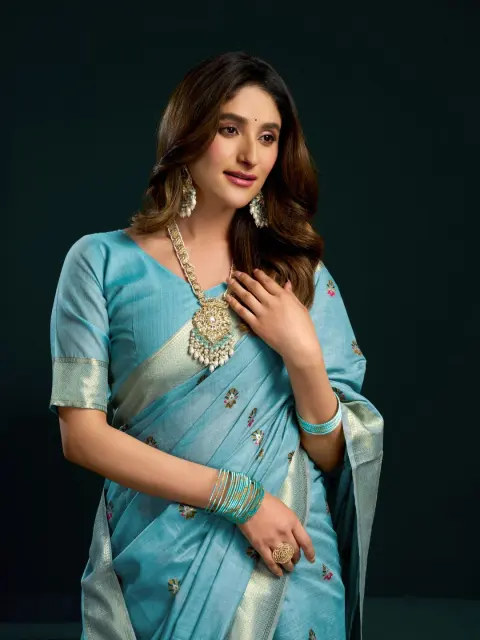 Sky Blue Munga Cotton Saree with Mina Work